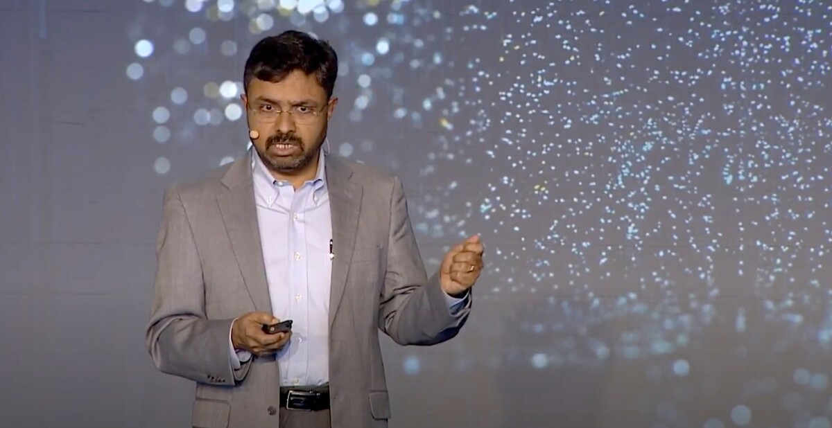 Prem Natarajan, Alexa AI vice president of natural understanding, giving a presentation