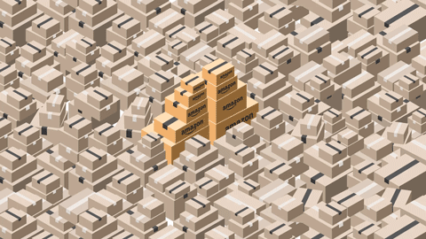 An animation shows a stack of boxes being slowly reduced in number to arrive at an optimal pack of boxes for packing items as part of Amazon's PackOpt system